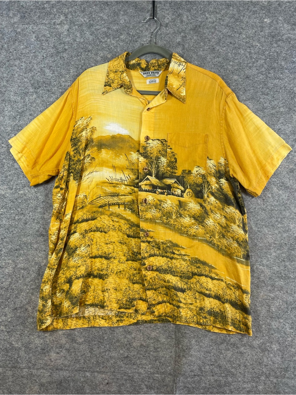 Lucky Brand Island Vibe Y2K Linen Shirt Yellow Large Scenic Hawaiian Aloha